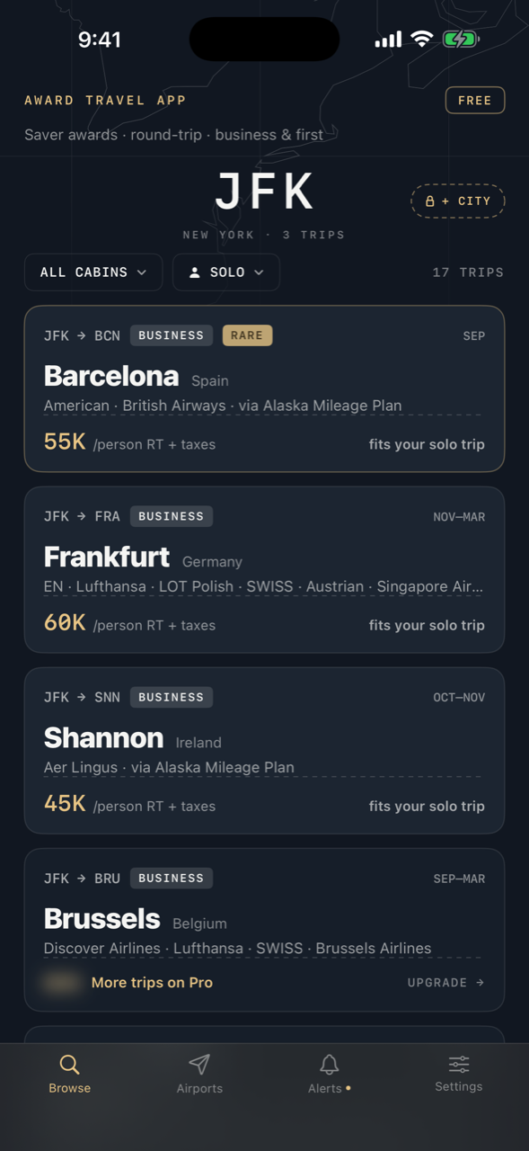 Award Travel App — live saver award feed