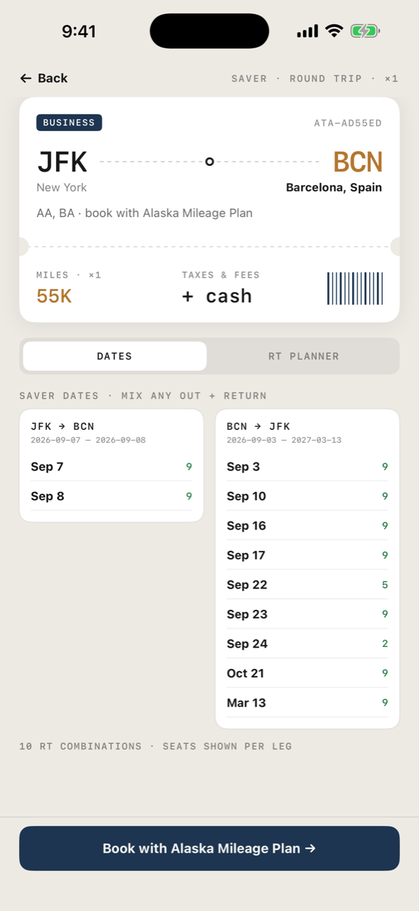 Trip detail with saver dates and round-trip planner