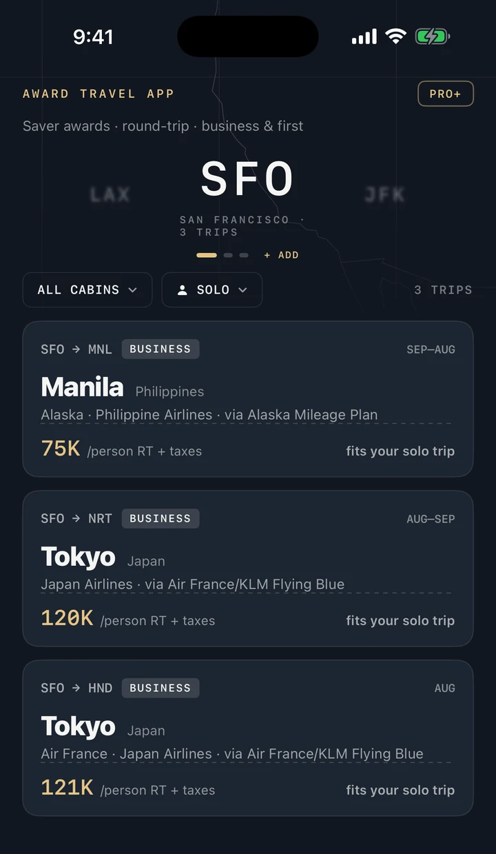 Award Travel App — live saver award feed from San Francisco